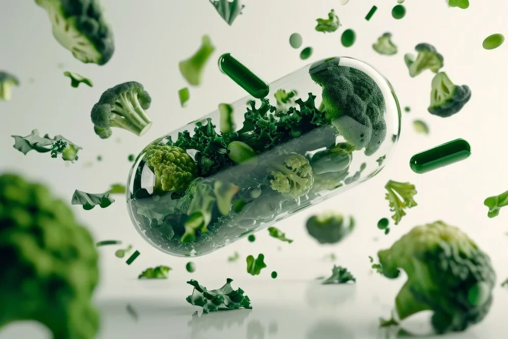 Capsule bursting with green herbal ingredients representing Prostadine’s Mineral Flush Technology™.