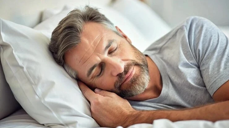 Man peacefully sleeping in bed, suggesting improved sleep quality and restful nights.