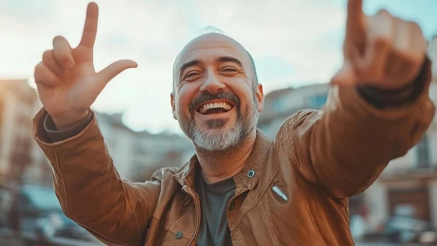Happy man smiling outdoors with arms raised, reflecting restored freedom and well-being.