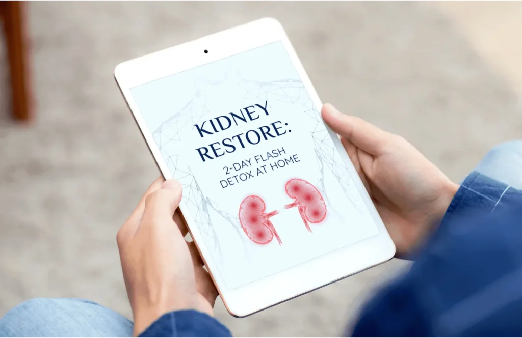 Person holding a tablet displaying the cover of the ebook “Kidney Restore: 2-Day Flush Detox at Home”.