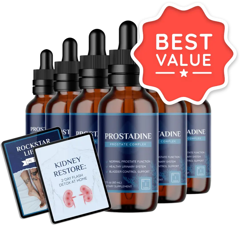 Six bottles of Prostadine supplement with bonus eBooks, labeled “Best Value” for 180-day prostate health support.