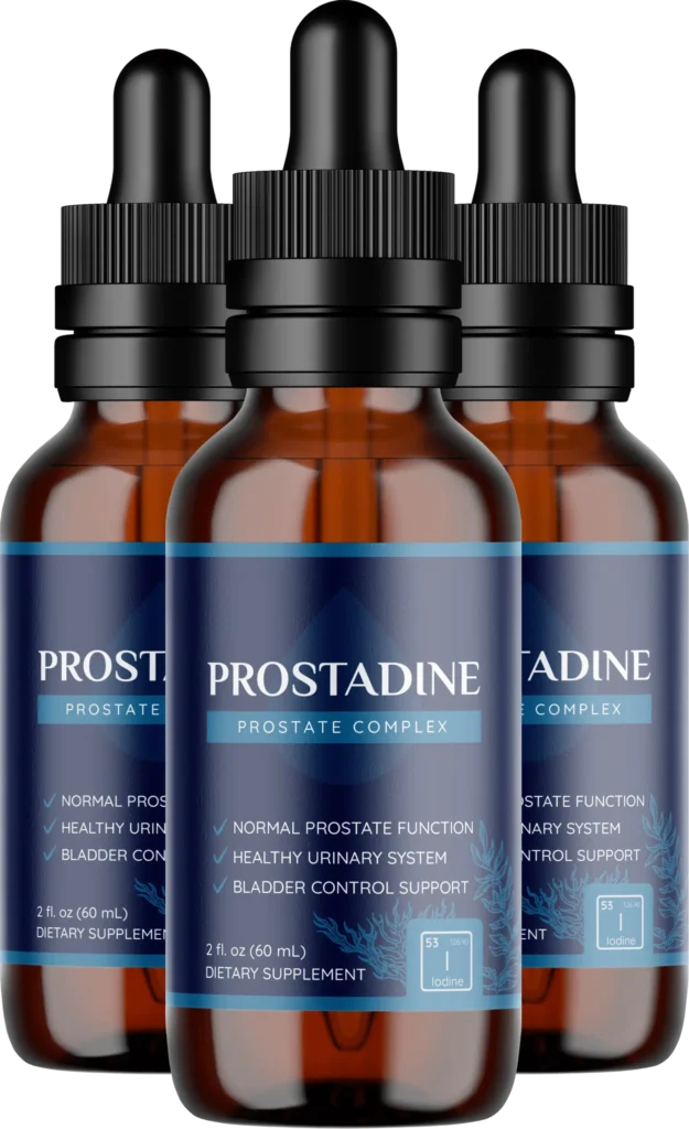 Three bottles of Prostadine supplement for a 90-day supply, promoting prostate and urinary wellness.