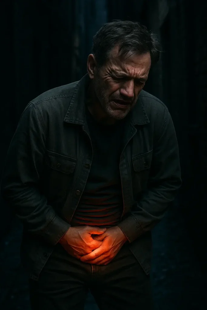 Middle-aged man clutching his lower abdomen, symbolizing discomfort possibly related to urinary or prostate health.