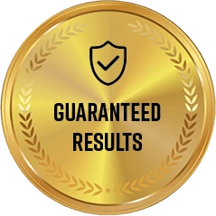 Gold badge with text “Guaranteed Results” indicating product confidence and commitment.