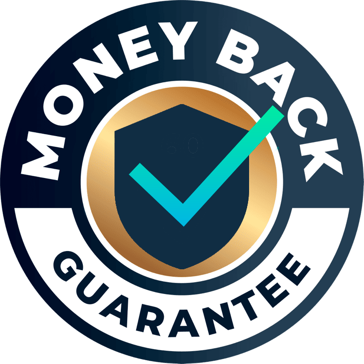 Money-back guarantee badge with a checkmark, indicating 100% satisfaction and a 60-day refund policy.