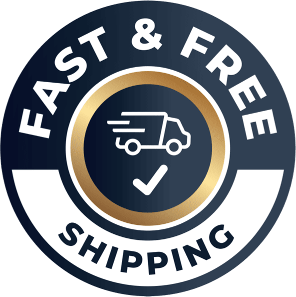 Circular badge with a delivery truck icon and the text “Fast & Free Shipping” indicating no-cost shipping on all orders.